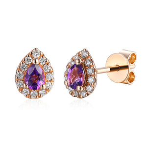 Amethyst & Diamond Stud Earrings, Pear Shape February Birthstone
