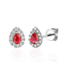 Ruby & Diamond Earrings, July Birthstone Pear Shape Cluster